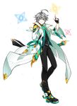  absurdres ahoge ainchase_ishmael belt coat elsword erbluhen_emotion_(elsword) expressionless fingerless_gloves full_body gloves green_eyes grey_hair highres index_finger_raised jewelry male_focus official_art shoes smile solo transparent_background 