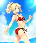  :d aqua_eyes ass bikini blonde_hair blue_sky blush bracelet braid breasts cleavage collarbone day eyebrows_visible_through_hair fate/grand_order fate_(series) fisheye horizon jewelry kubyou_azami looking_at_viewer medium_breasts mordred_(fate)_(all) mordred_(swimsuit_rider)_(fate) ocean open_mouth outstretched_arm ponytail red_bikini short_hair short_ponytail sidelocks sky smile solo sun sunlight swimsuit v-shaped_eyebrows water 