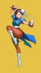  :o boots bracelet brown_hair bun_cover casasak china_dress chinese_clothes chun-li double_bun dress earrings full_body hand_up jewelry pantyhose short_hair solo spiked_bracelet spikes standing standing_on_one_leg street_fighter stud_earrings white_footwear yellow_background 