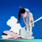 adjusting_clothes adjusting_legwear ball bent_over black_hair blue_sky cloud cloudy_sky commentary day flat_color from_below from_ground full_body hat highres kneehighs long_hair looking_down miniskirt original pink_hat ponytail racket shirt shoes short_sleeves skirt sky sneakers solo standing t0rped0 tennis_ball tennis_court tennis_net tennis_racket tennis_racket_case visor_cap white_footwear white_shirt white_skirt 