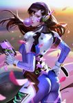  acronym animal_print artist_name ass bangs blue_bodysuit bodysuit breasts brown_eyes brown_hair bubble_blowing bunny_print charm_(object) chewing_gum clothes_writing d.va_(overwatch) facepaint facial_mark from_behind gloves gun handgun headphones high_collar holding holding_gun holding_weapon lips long_hair looking_at_viewer looking_back mecha medium_breasts meka_(overwatch) overwatch petals pilot_suit pink_lips pistol ribbed_bodysuit shoulder_pads signature skin_tight solo swept_bangs trigger_discipline watermark weapon web_address whisker_markings white_gloves zumi_(zumidraws) 