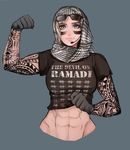  abs absurdres arm_tattoo biceps blonde_hair facepaint flexing gloves green_eyes head_scarf headset highres matilda_vin muscle muscular_female patterned_clothing pose rainbow_six_siege shirt sunglasses t-shirt tattoo toned valkyrie_(rainbow_six_siege) 