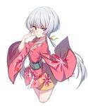  bangs blunt_bangs closers cropped_legs eyebrows_visible_through_hair floral_print grey_hair grin hand_on_own_face japanese_clothes kimono looking_at_viewer low_twintails obi purple_eyes sash short_kimono simple_background smile solo supernew tina_(closers) twintails white_background wide_sleeves 