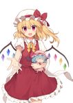  absurdres blonde_hair character_doll flandre_scarlet hat hat_ribbon highres long_hair looking_at_viewer mob_cap open_mouth puffy_short_sleeves puffy_sleeves reaching_out red_eyes red_ribbon red_skirt remilia_scarlet ribbon short_sleeves skirt skirt_set smile solo standing touhou transparent_background vest wings yada_(xxxadaman) 