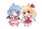  :3 ahoge animal_ears ascot bat_wings blonde_hair blue_hair bobby_socks bow brooch cat_ears chibi fang flandre_scarlet hair_ribbon highres jewelry kemonomimi_mode looking_at_viewer multiple_girls one_eye_closed pink_footwear pink_skirt puffy_short_sleeves puffy_sleeves red_bow red_eyes red_footwear red_ribbon red_skirt remilia_scarlet ribbon shoe_bow shoes short_sleeves siblings simple_background sisters skirt skirt_set smile socks standing touhou vest waving white_background white_legwear wings yada_(xxxadaman) 