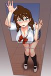  against_door against_glass amano_megumi amano_megumi_wa_suki_darake! bent_over blue_eyes blush breast_press breasts brown_hair cleavage commentary_request fang full_body highres large_breasts long_hair mary_janes open_mouth panties panty_pull pink_panties shoes skirt socks solo st.germain-sal tears torogao unbuttoned unbuttoned_shirt underwear 