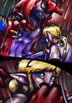  blonde_hair breath_of_the_wild claws comic ear_piercing hair humanoid hylian link male mask melee_weapon nintendo piercing raining sidon_(zelda) size_difference sword the_legend_of_zelda video_games vonboche weapon zora 