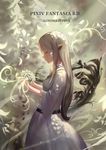  blonde_hair breasts character_name closed_eyes copyright_name dappled_sunlight dress elf eyelashes flower flower_necklace forest highres holding holding_flower jewelry leaf long_hair magic nature necklace pendant pixiv_fantasia pixiv_fantasia_revenge_of_the_darkness pointy_ears profile sishenfan small_breasts sunlight white_dress 