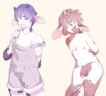  anthro balls bovine cattle clothing cum fawnsdraws horn humanoid_penis male mammal nipples nude overalls penis shirt solo standing t-shirt tongue tongue_out 