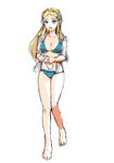  barefoot bikini blonde_hair blue_bikini blue_eyes blush bottle braid breasts cleavage french_braid full_body hair_ornament hairclip highres holding holding_bottle jacket jacket_over_swimsuit long_hair looking_at_viewer medium_breasts open_clothes open_jacket open_mouth pointy_ears princess_zelda sketch solo swimsuit the_legend_of_zelda the_legend_of_zelda:_breath_of_the_wild wasabi_(legemd) 