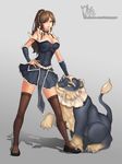  absurdres animal bad_id bad_pixiv_id black_legwear blush breasts brown_eyes brown_hair cleavage hand_on_hip highres large_breasts league_of_legends lee_seok_ho long_hair looking_at_viewer naver_username nidalee parted_lips signature smile teeth thighhighs watermark web_address 