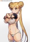  artist_name bangs bare_shoulders blonde_hair blush bow bow_bra bow_panties bra breasts camisole cleavage cowboy_shot double_bun eyebrows_visible_through_hair gao_(gaolukchup) groin hair_between_eyes hands_up large_breasts legs_apart long_hair midriff navel original panties patreon_logo patreon_username simple_background skindentation solo spaghetti_strap standing stomach striped striped_panties thighhighs twintails underwear undressing very_long_hair watermark web_address white_background white_bow white_bra yellow_eyes 