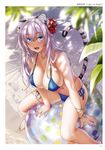 :d absurdres animal_ears ball bare_legs barefoot beach beachball bikini blue_bikini blue_eyes blurry bracelet breasts cleavage collarbone colored_eyelashes day depth_of_field eyebrows_visible_through_hair flower hair_between_eyes hair_flower hair_ornament highres jewelry kannatsuki_noboru large_breasts lavender_hair leaning_forward long_hair looking_at_viewer looking_up navel non-web_source o-ring o-ring_bikini open_mouth outdoors scan side-tie_bikini smile solo swimsuit tail thighlet tiger_ears tiger_tail toranoana 
