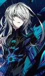  ainchase_ishmael apostasia_(elsword) corruption cracked_skin elsword expressionless green_eyes green_tongue grey_hair hand_on_own_chest hwansang long_hair male_focus markings pale_skin purple_skin ringed_eyes solo 