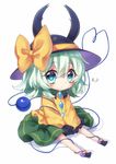  :&lt; beetle_horn blush bow chibi commentary_request eyeball eyebrows_visible_through_hair frilled_shirt_collar frilled_sleeves frills full_body green_eyes green_hair hat hat_bow heart heart_of_string highres horns komeiji_koishi kyouda_suzuka long_sleeves looking_at_viewer simple_background sitting skirt solo stag_beetle string third_eye touhou white_background wide_sleeves yellow_bow 