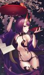  absurdres artist_name blush bowl breasts chyffon eyebrows_visible_through_hair fate/grand_order fate_(series) highres holding holding_bowl horns looking_at_viewer navel oni purple_eyes purple_hair short_hair shuten_douji_(fate/grand_order) sideboob small_breasts smile solo tongue tongue_out 