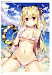  absurdres animal_ears arm_support bangs beach bikini blonde_hair blue_sky bow breasts closed_mouth cloud day detached_collar eyebrows_visible_through_hair fake_animal_ears fujima_takuya gloves hair_bow highres long_hair looking_at_viewer medium_breasts navel non-web_source one_side_up original outdoors palm_tree partially_submerged red_eyes scan side-tie_bikini sitting sky smile solo striped striped_bikini swimsuit tail tiger_tail toranoana tree wardrobe_malfunction wet white_gloves 