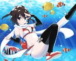  adapted_costume black_legwear brown_eyes brown_hair elbow_gloves fingerless_gloves fish gloves ica jewelry kantai_collection kneehighs remodel_(kantai_collection) ring scarf sendai_(kantai_collection) short_hair single_kneehigh single_thighhigh smile solo thighhighs two_side_up underwater wedding_band white_scarf 