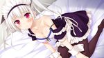  ayame_(harukaze_sensation!) bed_sheet blush braid breasts game_cg harukaze_sensation! highres ko~cha long_hair maid maid_headdress medium_breasts no_shoes off_shoulder official_art pantyhose red_eyes solo strap_slip twintails white_hair wrist_cuffs 