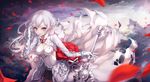  bad_id bad_pixiv_id black_skirt breasts cleavage dress gloves h2o_(dfo) hair_ornament holding holding_weapon long_hair looking_at_viewer medium_breasts petals purple_eyes red_eyes sinoalice skirt snow_white_(sinoalice) solo standing weapon white_dress white_gloves white_hair 