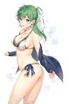  artist_name bikini breasts cleavage contrapposto cross cross_necklace from_side green_eyes green_hair hair_ribbon highres jewelry long_hair looking_at_viewer medium_breasts necklace off_shoulder original ponytail ribbon side-tie_bikini simple_background smile solo standing swimsuit tokki wet white_bikini 