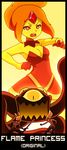  1girl :o adventure_time animal_ears backpack bag breasts bunny_ears character_name cleavage dress fake_animal_ears fionna_the_human_girl flame_princess forehead_jewel medium_breasts mike_inel monster open_mouth orange_eyes orange_hair ponytail red_dress round_teeth sword teeth v-shaped_eyebrows weapon yellow_skin 