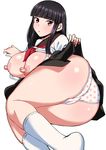  ass beatmania beatmania_iidx black_hair breasts brown_eyes hinazuki_ririna komusou_(jinrikisha) large_breasts long_hair looking_at_viewer looking_back nipples polka_dot puffy_nipples simple_background skirt skirt_lift socks solo thighs white_background white_legwear 