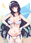  aningay ass_visible_through_thighs bangs bikini black_hair blunt_bangs breasts bridal_gauntlets cleavage closed_mouth collarbone cowboy_shot eyebrows_visible_through_hair fingerless_gloves flower front-tie_bikini front-tie_top girls_frontline gloves hair_flower hair_ornament hairband hand_on_hip hand_on_own_stomach head_tilt highres large_breasts long_hair looking_at_viewer multi-strapped_bikini navel qbz-95_(girls_frontline) side-tie_bikini smile solo swimsuit thighhighs very_long_hair white_bikini white_gloves white_legwear yellow_eyes 