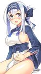  ainu_clothes blue_eyes blue_headband blue_jacket blush breasts cropped_jacket folded_ponytail hand_on_own_stomach headband jacket kamoi_(kantai_collection) kantai_collection kuro_chairo_no_neko large_breasts long_hair long_sleeves looking_at_viewer open_mouth pelvic_curtain sash sideboob silver_hair simple_background sitting solo thick_eyebrows twitter_username white_background 