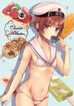  arm_at_side bangs beret bikini blunt_bangs blush breasts brown_eyes brown_hair cameltoe collarbone cowboy_shot dutch_angle eating eyebrows_visible_through_hair food hat highres kantai_collection looking_at_viewer mitsuki_ponzu mouth_hold navel popsicle sailor_bikini sailor_collar short_hair small_breasts solo string_bikini swimsuit white_bikini white_hat z3_max_schultz_(kantai_collection) 