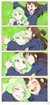  4koma :d ;d ^_^ ^o^ anime_coloring blue_eyes blush brown_hair cloak closed_eyes comic diana_cavendish grass happy highres hood hooded_cloak hug kagari_atsuko light_green_hair little_witch_academia long_hair long_sleeves looking_at_another lying mochiro_lwa multiple_girls on_back on_grass one_eye_closed open_mouth outstretched_arms red_eyes school_uniform silent_comic smile spread_arms textless yuri 