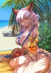  animal_ears beach bendy_straw braid breasts brown_eyes cleavage cup day drink drinking_glass drinking_straw emoto_reishi erune flower granblue_fantasy hair_between_eyes hat hat_flower hat_removed headwear_removed heles hibiscus highres holding ice ice_cube large_breasts log long_hair looking_at_viewer ocean one-piece_swimsuit outdoors palm_tree parted_lips silver_hair single_braid sitting smile solo swimsuit tree tropical_drink very_long_hair water white_swimsuit 