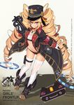  :q absurdres bad_id bad_pixiv_id black_bikini_bottom blonde_hair boots breasts bullpup cleavage coat commentary_request concept_art copyright_name drill_hair girls_frontline gloves gun hat highres holding holding_gun holding_weapon jewelry long_hair military_hat navel necklace original p90 purple_eyes slm small_breasts smile solo submachine_gun thighhighs tongue tongue_out twin_drills very_long_hair weapon white_gloves white_legwear 