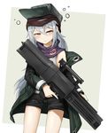  assault_rifle black_shorts cowboy_shot flat_cap g11 g11_(girls_frontline) girls_frontline gun hair_between_eyes half-closed_eyes hat heart holding holding_gun holding_weapon jacket long_hair looking_at_viewer purple_scarf red_eyes rifle scarf short_shorts shorts silver_hair sinensian solo standing trigger_discipline weapon yellow_eyes 