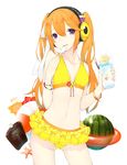  ass_visible_through_thighs bangs bikini bikini_skirt breasts contrapposto cowboy_shot cup eyebrows_visible_through_hair flower food fruit hair_between_eyes hands_up headphones hibiscus highres holding holding_cup holding_spoon innertube long_hair looking_at_viewer lotion navel orange_hair original p-ko_(pichnopop) parted_lips pocky purple_eyes rayvon red_flower shaved_ice sidelocks simple_background skirt small_breasts smile solo spoon standing star star-shaped_pupils starfish sunscreen swimsuit symbol-shaped_pupils thighs twintails watermelon white_background yellow_bikini yellow_skirt 