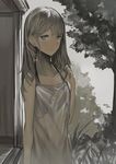  arm_at_side bangs closed_mouth collarbone commentary_request dated dress grey grey_eyes grey_hair hand_up long_hair looking_at_viewer original outdoors parted_lips rain rayvon see-through sketch solo tree wet white_dress 
