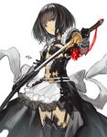  bangs black_dress black_hair black_legwear breasts commentary_request cowboy_shot dated dress erika_(shadowverse) garter_straps holding holding_sword holding_weapon long_sleeves looking_at_viewer medium_breasts parted_lips rayvon shadowverse sheath simple_background solo sword thighhighs unsheathing weapon white_background 
