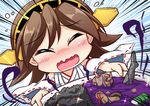  ^_^ bad_id bad_pixiv_id blush brown_hair chibi closed_eyes commentary curry curry_rice detached_sleeves drum_(container) facing_viewer food geoduck hairband hiei_(kantai_collection) holding kantai_collection nontraditional_miko open_mouth rice sekiguchi_miiru short_hair solo sparkle wavy_mouth 