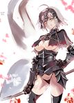  armor bikini_bottom breasts elbow_gloves fate/grand_order fate_(series) fire flag gauntlets gloves hand_on_hip helmet jeanne_d'arc_(alter)_(fate) jeanne_d'arc_(fate)_(all) large_breasts nyuu_(manekin-eko) shawl solo thighhighs underboob white_hair yellow_eyes 