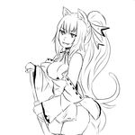  animal_ears artist_request breasts cat_ears cat_tail cleavage detached_sleeves fangs greyscale hair_ribbon katana large_breasts long_hair monochrome noihara_himari omamori_himari open_mouth ponytail ribbon solo standing sword tail weapon 