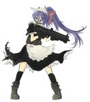  animal_ears beetarp blue_hair boots bow cat_ears gun hair_bow holding holding_gun holding_weapon long_hair maid maid_headdress noihara_himari omamori_himari ponytail purple_eyes solo standing weapon 