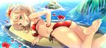  ass barefoot bikini blonde_hair fate/grand_order fate_(series) feet flower green_eyes grin hibiscus long_hair maruchan. mordred_(fate)_(all) mordred_(swimsuit_rider)_(fate) ponytail prydwen red_bikini smile soles solo surfboard swimsuit toes water 