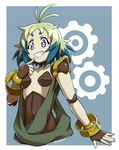  ahoge artist_name blue_hair breasts commentary_request doll_joints fingerless_gloves gears gloves green_hair grin highres kumo_(kumo8159) multicolored_hair nude open_mouth purple_eyes senki_zesshou_symphogear small_breasts smile solo tiki_(symphogear) twitter_username two-tone_hair 