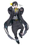  :o alternate_color baggy_pants belt black_footwear black_hair black_pants blue_eyes character_name full_body gen_7_pokemon grey_vest hair_ornament kasuka108 looking_at_viewer male_focus palossand pants personification pokemon shiny_pokemon shoes solo standing vest 