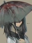  black_hair closed_mouth commentary_request covered_face dated grey_background hand_up holding holding_umbrella long_hair original rayvon school_uniform serafuku short_sleeves simple_background solo twintails umbrella upper_body 