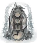  animal_ears backlighting bangs bikini black_bikini black_legwear blue_eyes closed_mouth commentary_request fishnet_legwear fishnets fox_ears frilled_bikini frills front-tie_bikini front-tie_top grass grey grey_hair hands_up highres jewelry long_hair looking_at_viewer low_twintails necklace original rayvon simple_background single_thighhigh smile solo swimsuit tareme thighhighs twintails veil white_background 