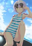  adjusting_eyewear arm_support arm_up armpits backlighting bad_id bad_pixiv_id bangs bare_arms bare_legs bare_shoulders barefoot blue_sky blue_swimsuit breasts casual_one-piece_swimsuit chaldea_lifesavers cloud collarbone commentary day elusya facial_scar fate/apocrypha fate/grand_order fate_(series) from_below green_eyes grey_hair hair_between_eyes head_tilt highres horizon jack_the_ripper_(fate/apocrypha) knee_up lens_flare looking_at_viewer ocean one-piece_swimsuit parted_lips scar scar_across_eye scar_on_cheek short_hair sitting sky slit_pupils small_breasts solo striped striped_swimsuit sun sunglasses sunlight swimsuit tattoo white_swimsuit 