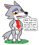  animal_crossing animal_genitalia anthro arrow balls blush bottomless canine chibi clothed clothing embarrassed fang_(animal_crossing) fully_sheathed krixata male mammal nintendo sheath shirt solo speech_bubble text video_games wolf 