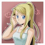  2009 :o artist_name blonde_hair blue_eyes dated earrings floral_background flower fullmetal_alchemist hand_in_hair jewelry long_hair looking_at_viewer nakamura open_mouth pink_background ponytail shirt simple_background solo white_background white_shirt winry_rockbell 