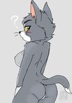  2016 ? anthro blush breasts butt cat crossgender cute erect_nipples feline female fur green_eyes grey_fur looking_at_viewer looking_back mammal nipples rear_view side_boob solo tolovefurry_(artist) tom_(tom_&amp;_jerry) tom_and_jerry watermark 